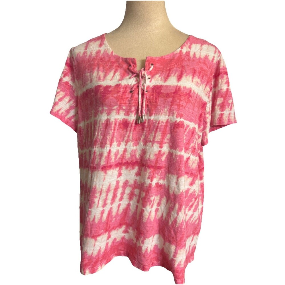 Chicos Womens Size 3 / XL Pink Tie Dye Lace Up Short Sleeve 100% Cotton Casual